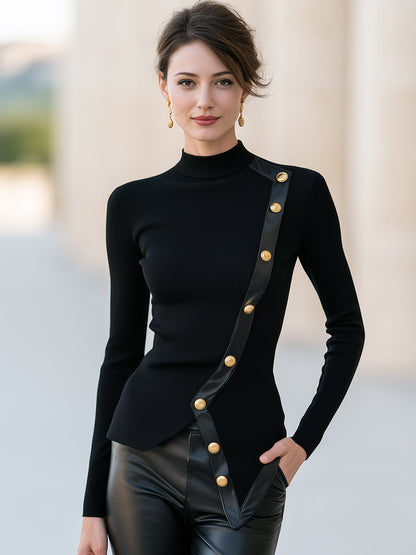 Asymmetric Button-Trim Mock-Neck Knit Top