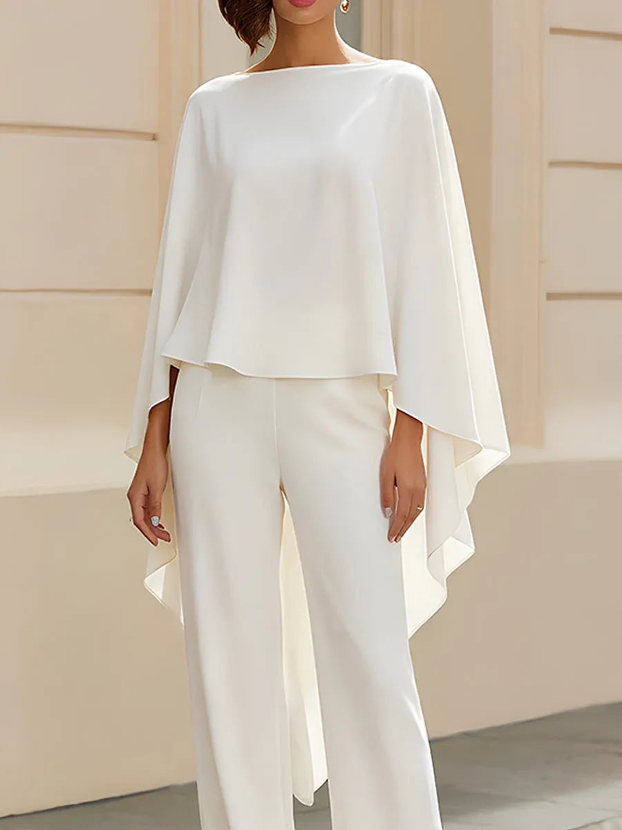 Boat Neck Cape Sleeve Cropped Blouse & High Waist Wide Leg Pants Two-Piece Set