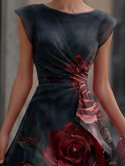 Elegant Watercolor Floral Boat Neck Wrap Waist Layered Organza High-Low Formal Midi Gown