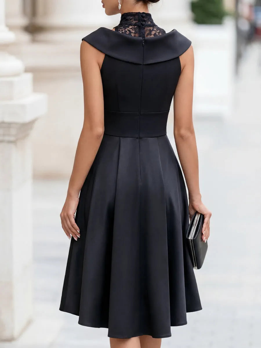 Sleeveless High Lace Neck Satin Midi Dress