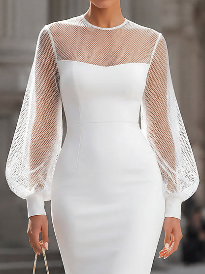 Sheer Mesh-Sleeve Tailored Midi Dress