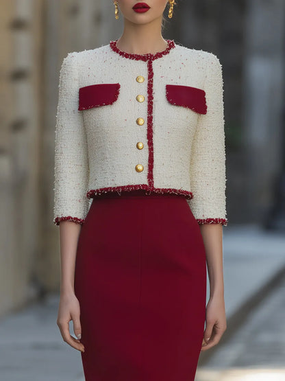 Textured Tweed Cropped Jacket And Pencil Skirt Tailored Set