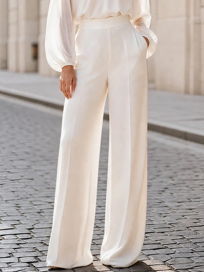 Stand Collar Keyhole Sheer  Sleeve Blouse & High Waist Wide Leg Pants Two-Piece Set