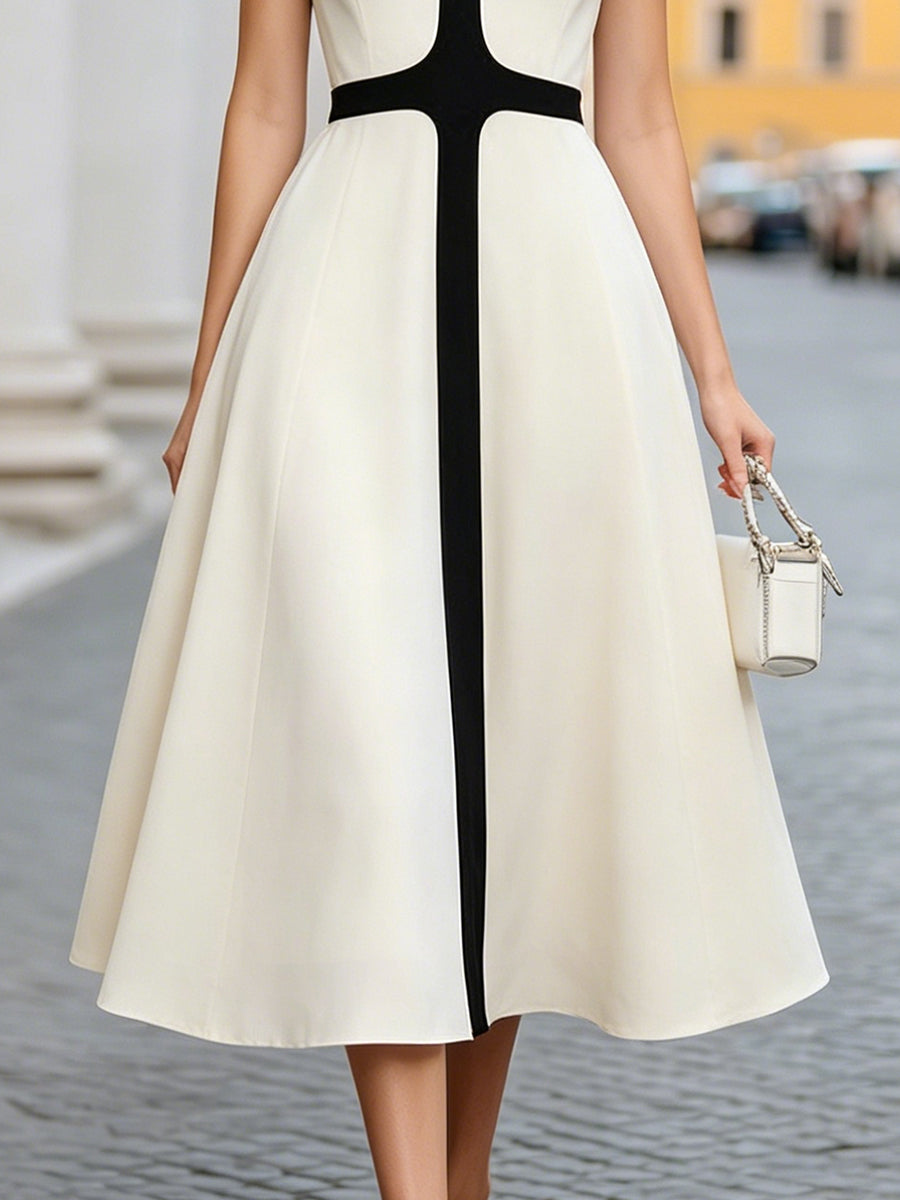 Contrast Panel V-Neck A-Line Midi Dress
