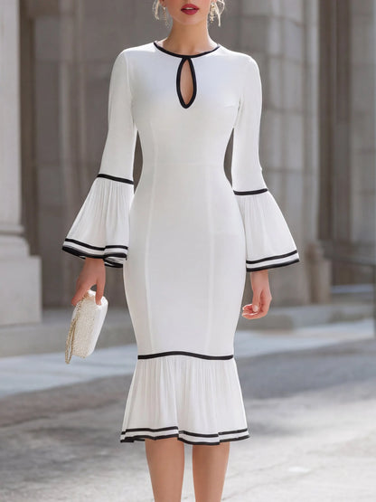 Contrast-Trim Keyhole Bell-Sleeve Midi Dress