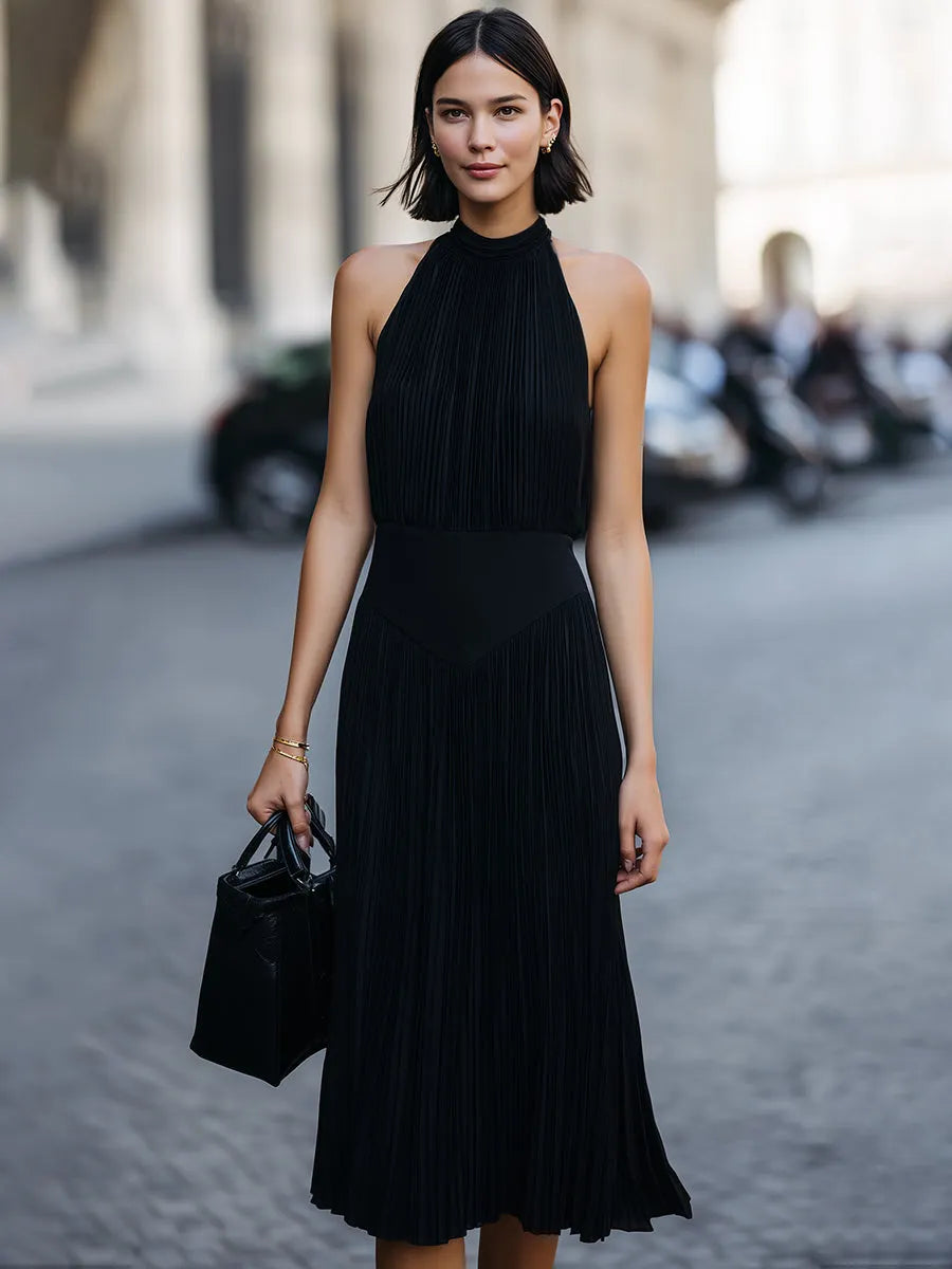 Pleated Halter Neck Midi Dress