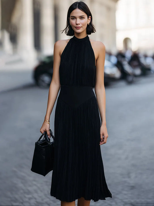 Pleated Halter Neck Midi Dress