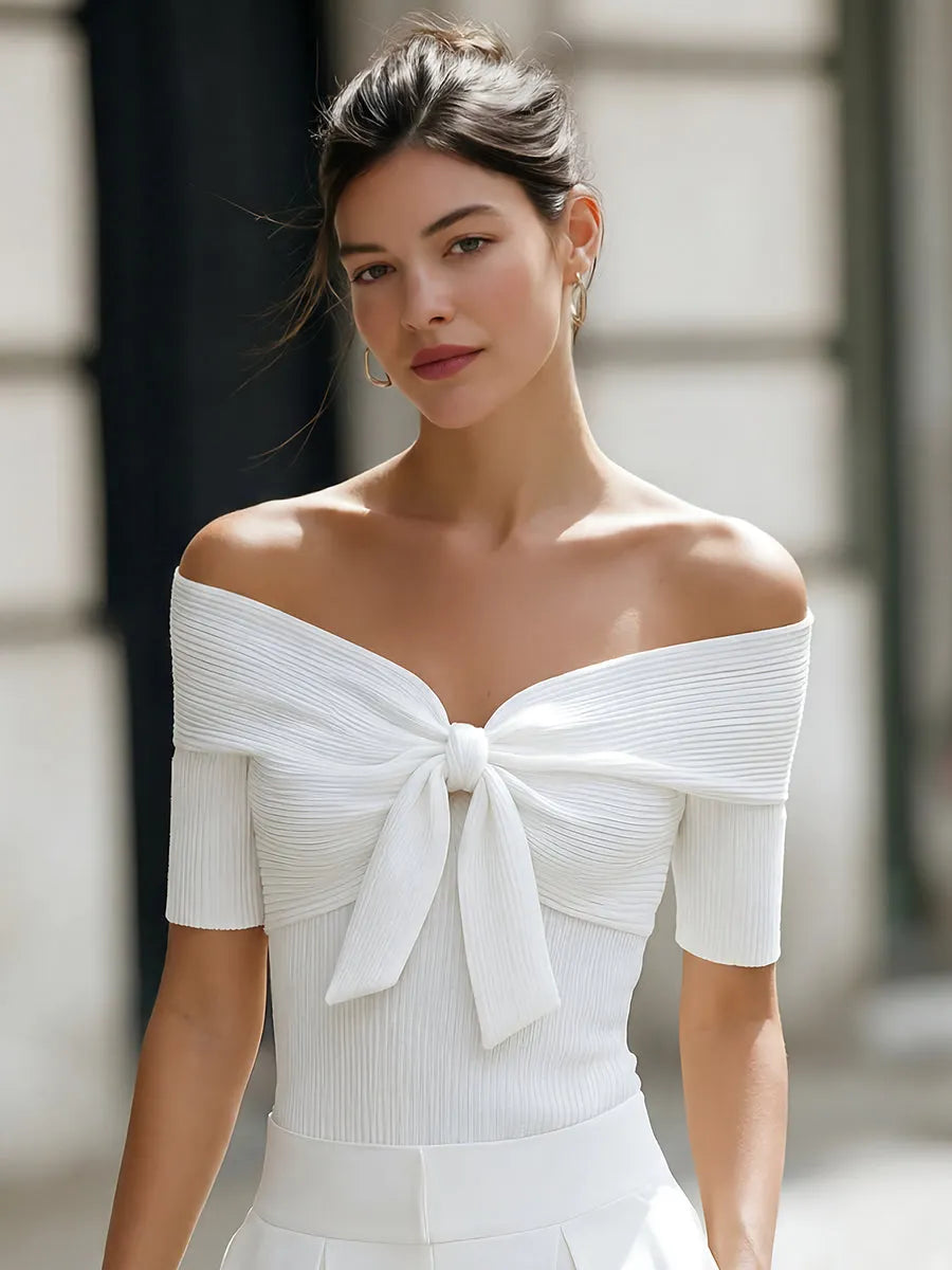 Bow-Front Off-Shoulder Ribbed Short-Sleeve Top