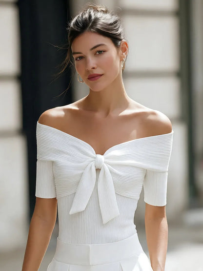 Bow-Front Off-Shoulder Ribbed Short-Sleeve Top