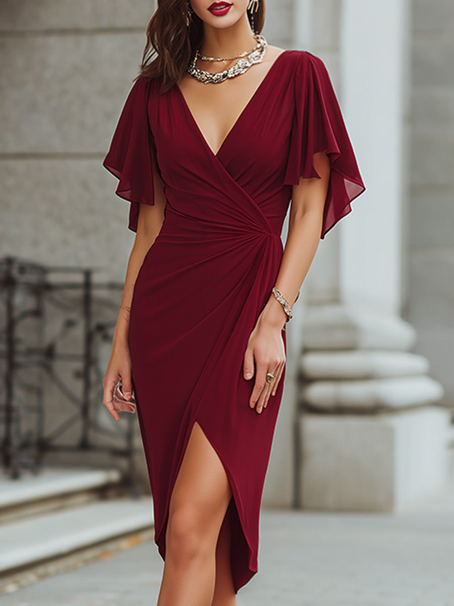 Elegant Draped Flutter Sleeve Wrap Midi Dress