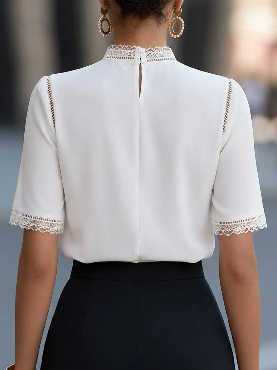 Elegant Lace-Trimmed Short Sleeve Blouse