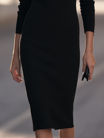 Gathered Chiffon Portrait Collar Textured Knit Sheath Midi Dress