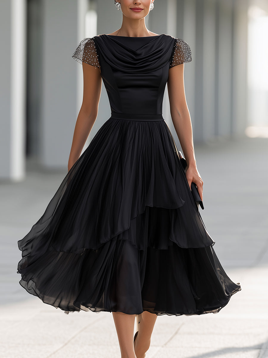 Elegant Formal Cowl Neck Satin Bodice Layered Chiffon Midi Cocktail Dress