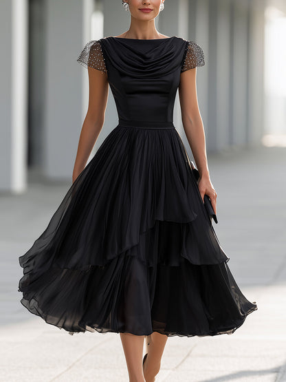 Elegant Formal Cowl Neck Satin Bodice Layered Chiffon Midi Cocktail Dress