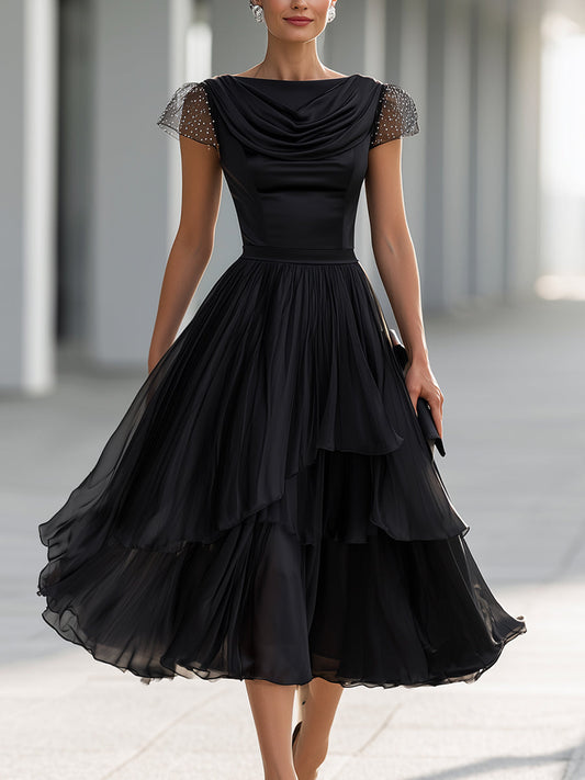 Elegant Formal Cowl Neck Satin Bodice Layered Chiffon Midi Cocktail Dress