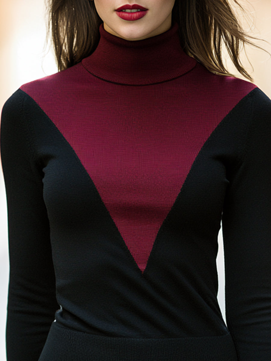 Geometric Colorblock Turtleneck Knit Top
