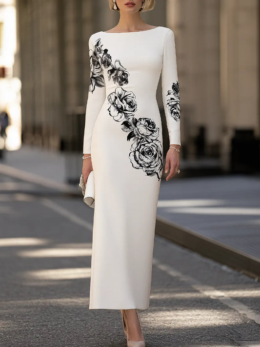 Women's Rose Floral Print Long Sleeve Bateau Neck Bodycon Maxi Dress