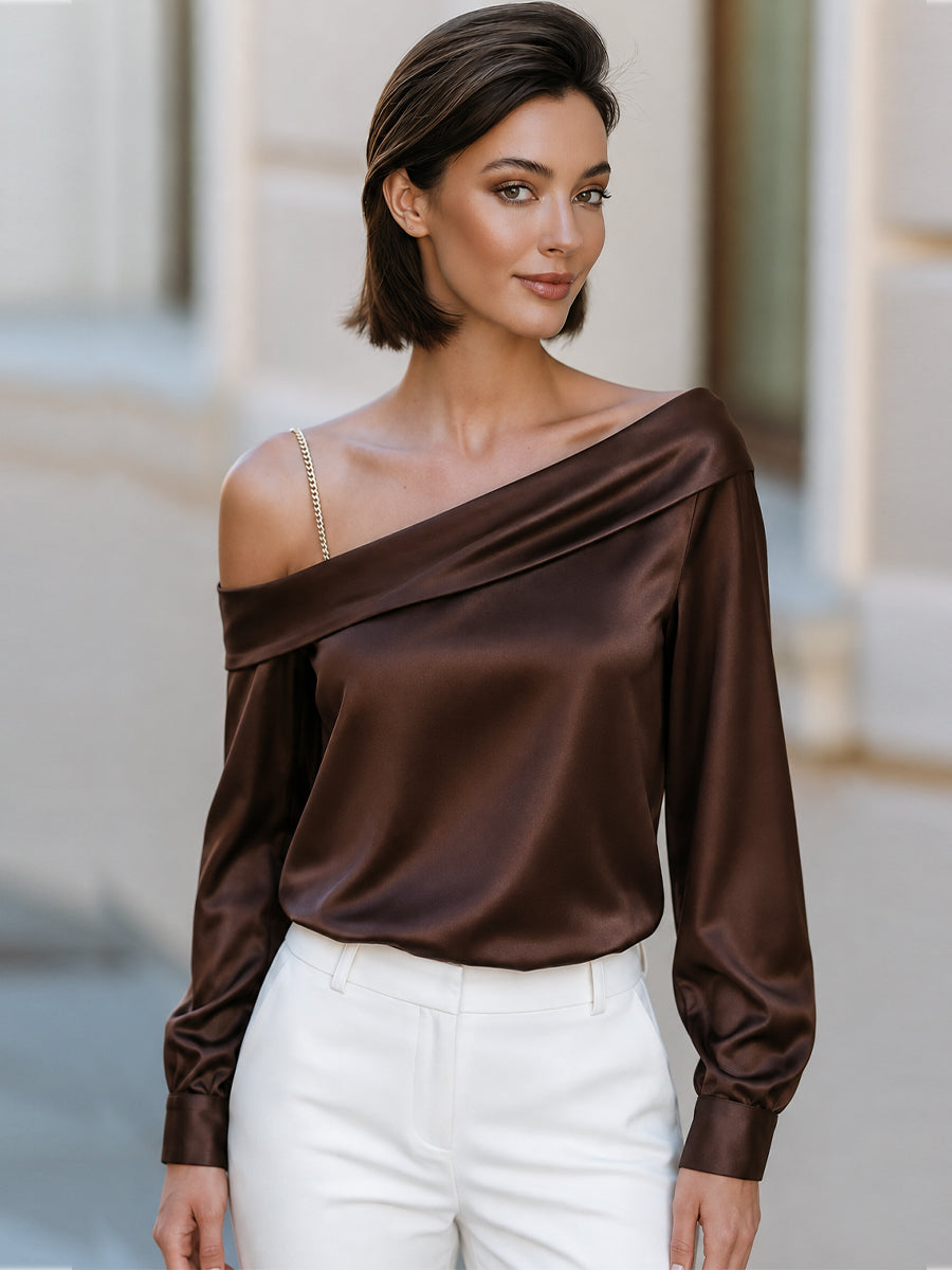Satin One Shoulder Gold Chain Strap Blouse