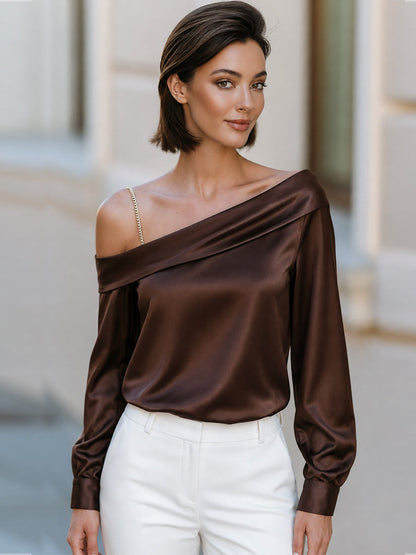 Satin One Shoulder Gold Chain Strap Blouse