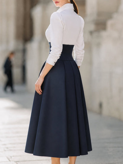 Contrast Collared Long Sleeve A-Line Midi Dress With Button Corset Waist