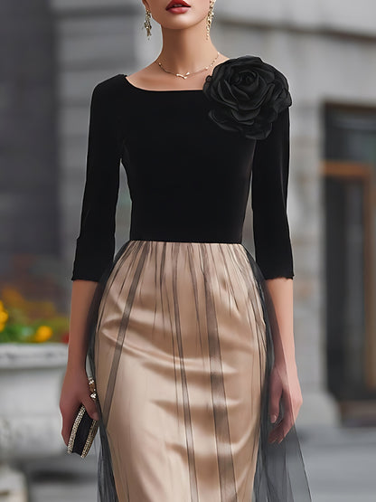 Rose Applique Bodice Mesh Overlay Satin Midi Dress