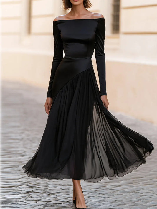 Off Shoulder Long Sleeve Satin Chiffon Maxi Dress