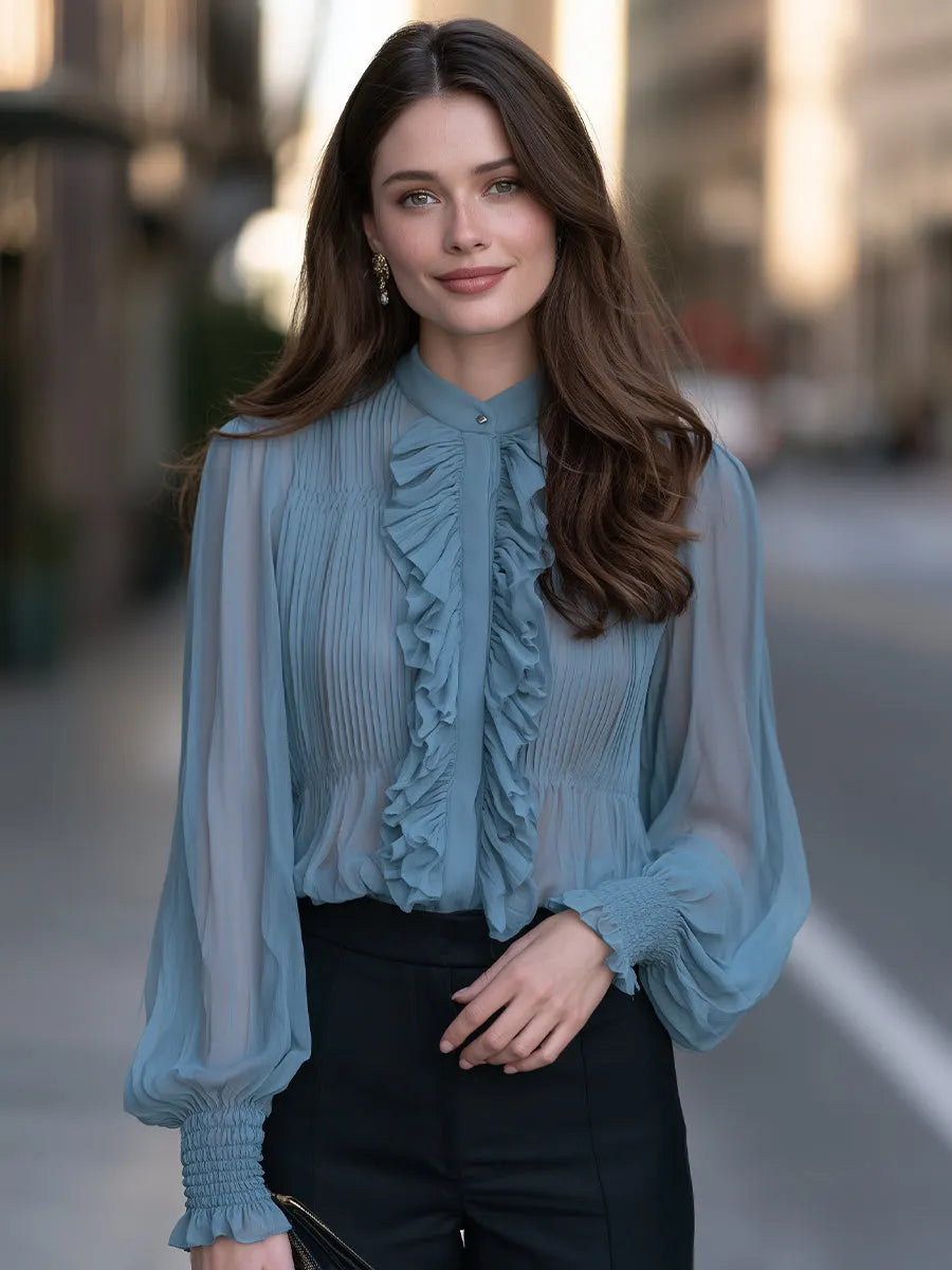 Ruffled Chiffon Stand-Collar Shirred Cuffs Blouse