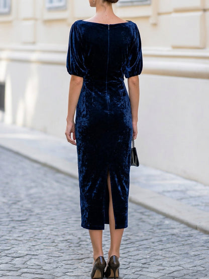 Velvet Cowl Neck Puff Short Sleeve Bodycon Midi Dress