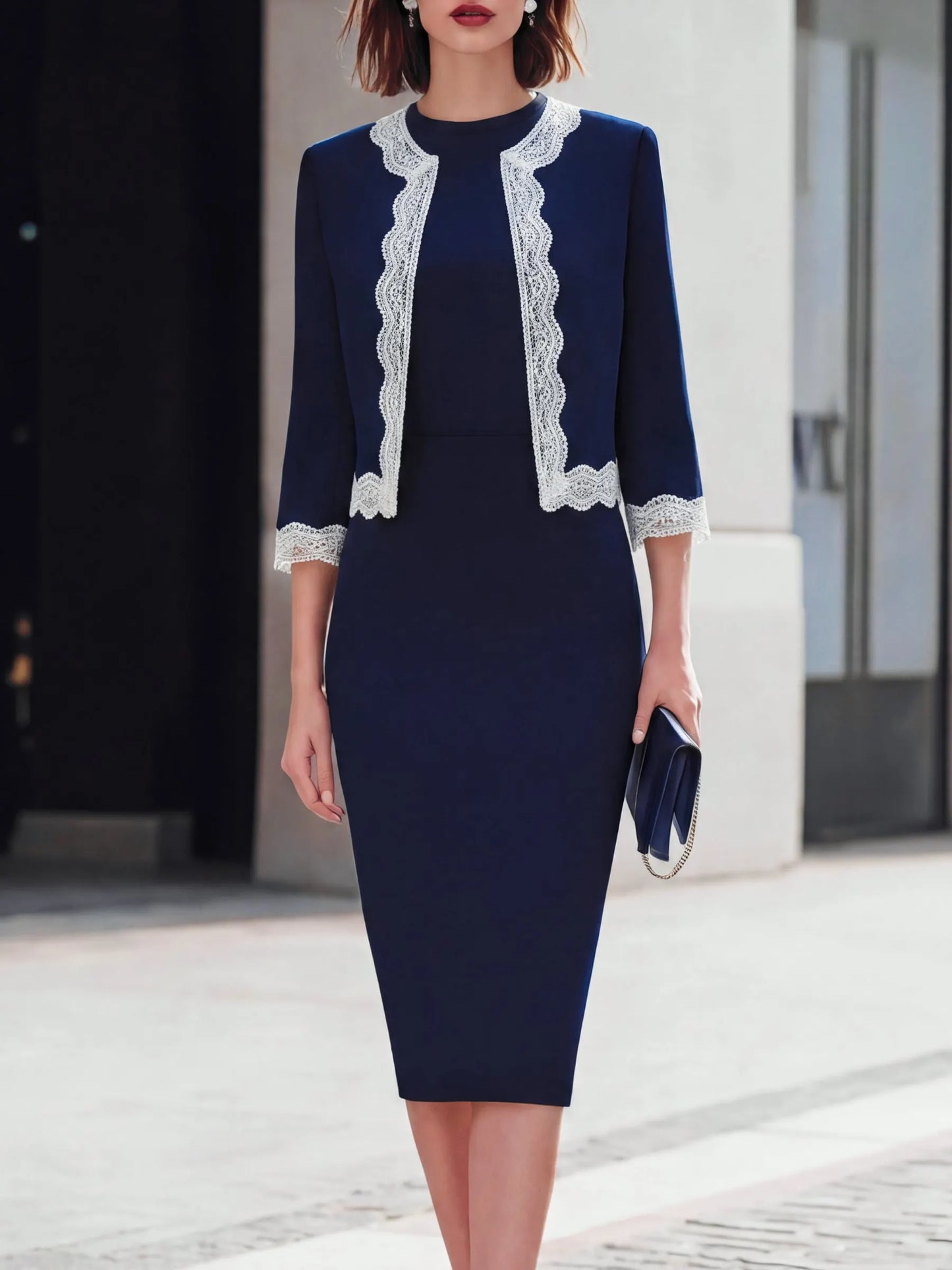 Lace-Trimmed Tailored Jacket And Sheath Dress Set