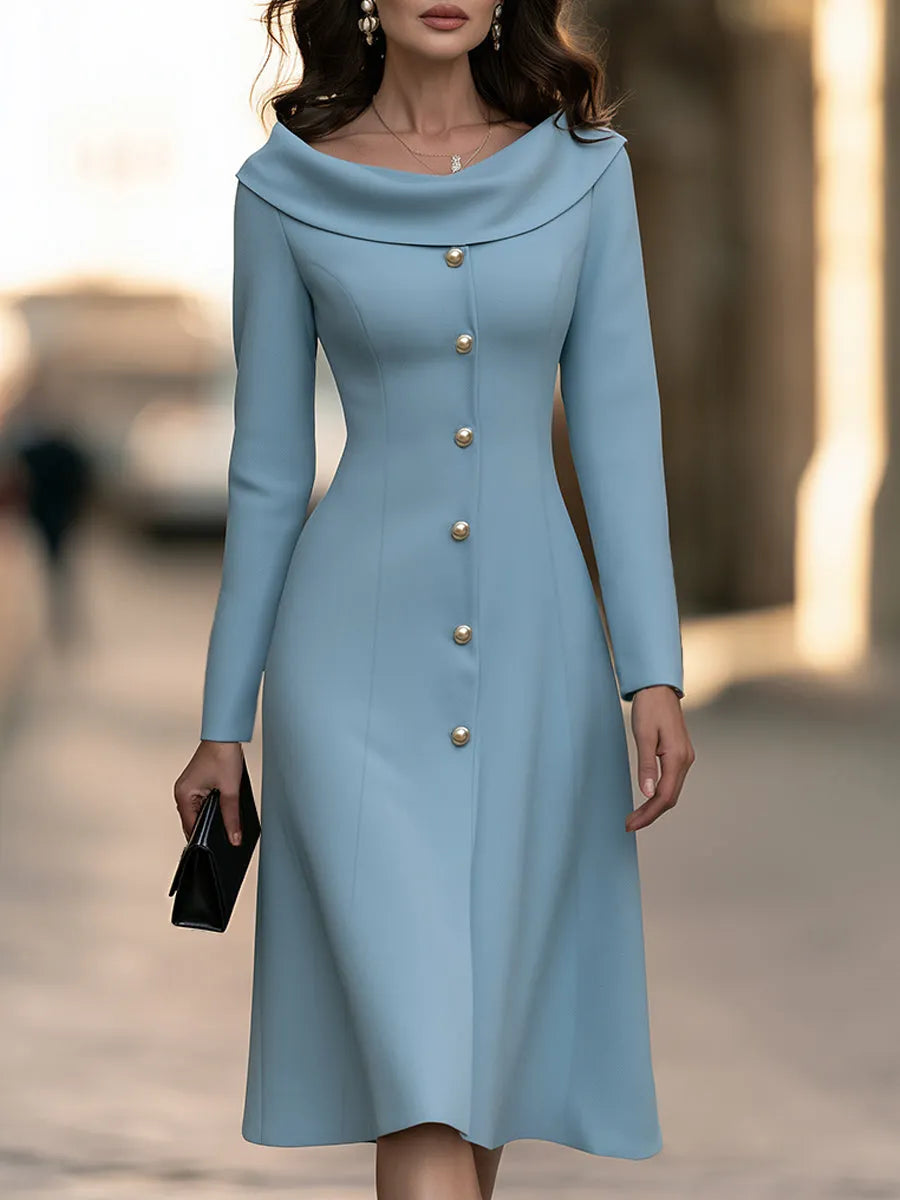 Elegant Decorative Buttons Off-the-Shoulder Portrait Collar Midi Dress