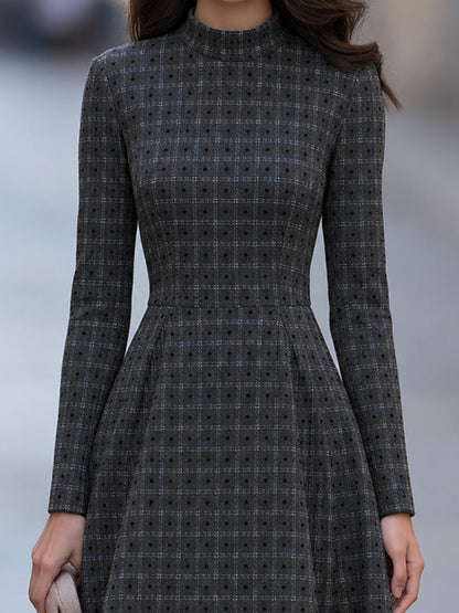 Mock Neck Plaid Dot A-Line Midi Dress
