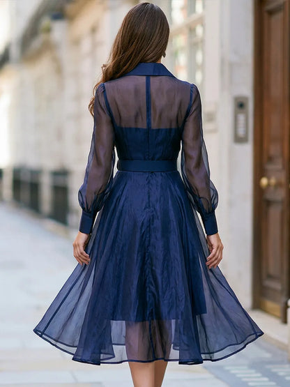 Sheer Sleeve Belted Button-Front Midi Dress