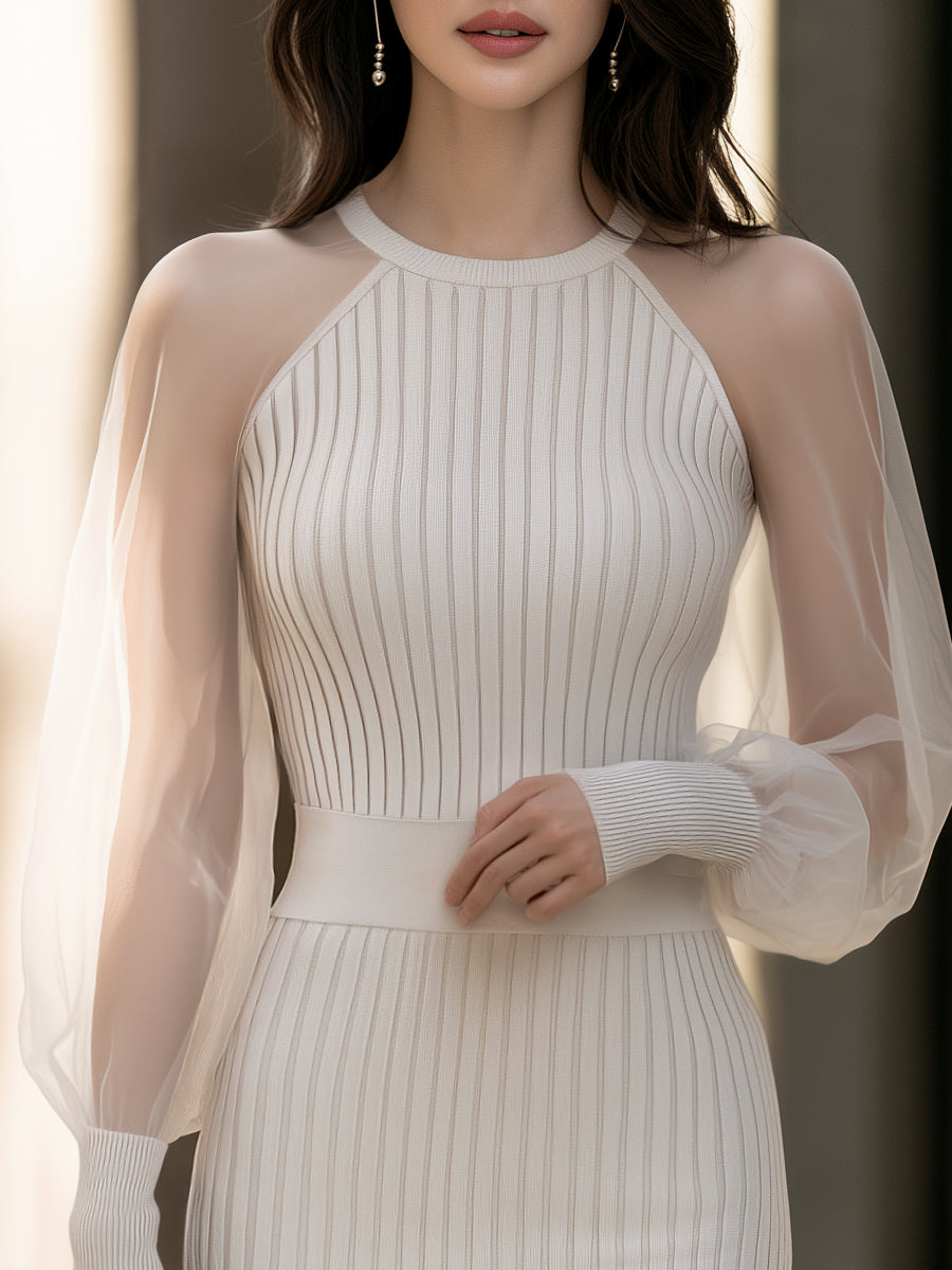 Sheer Sleeve Ribbed Knit Midi Dress
