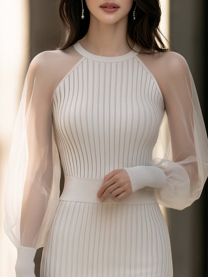 Sheer Sleeve Ribbed Knit Midi Dress
