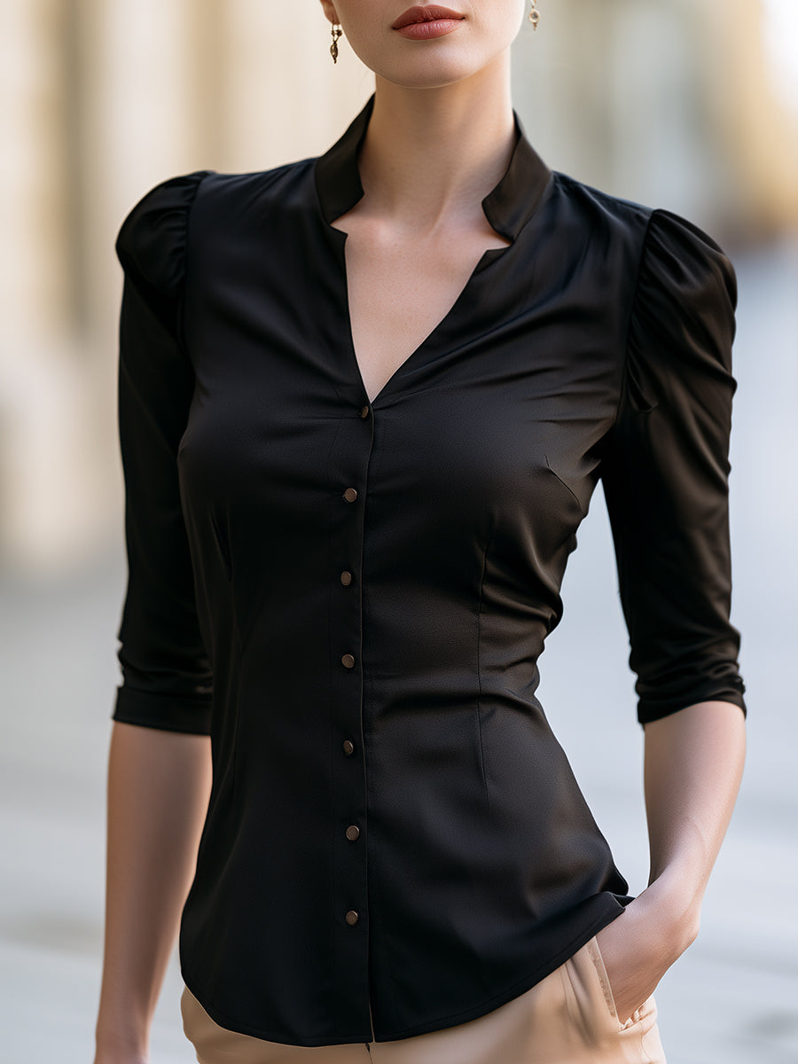 Structured Notch Collar Puff Sleeve Button-Front Blouse