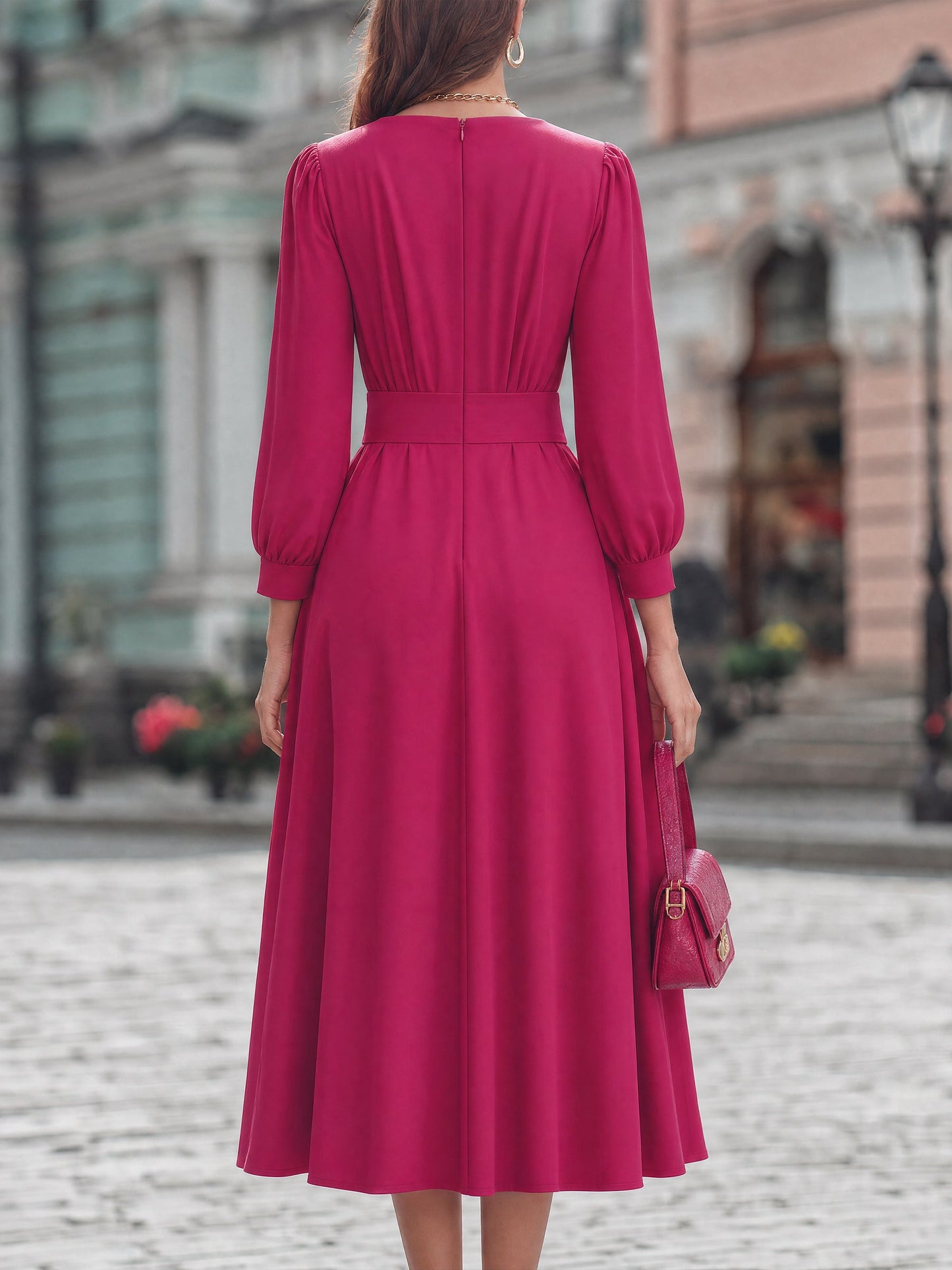 V-Neck Long-Sleeve Pleated Flare Midi Dress