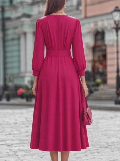 V-Neck Long-Sleeve Pleated Flare Midi Dress