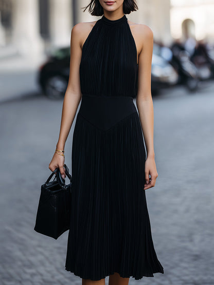Pleated Halter Neck Midi Dress