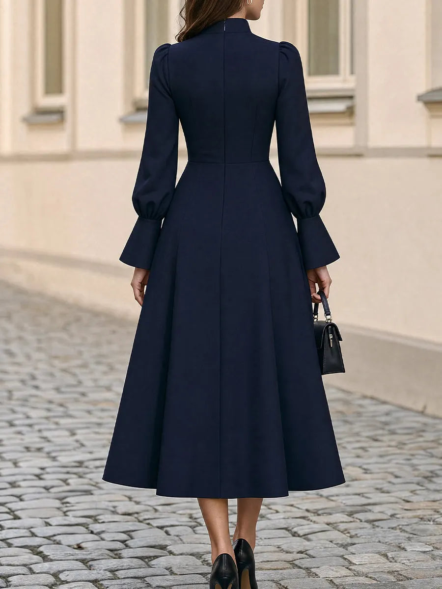 High Neck Gathered Bust  A-Line Midi Dress
