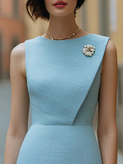 Textured Sleeveless Mini Dress With Floral Brooch