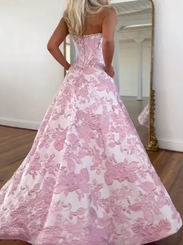 Flower Jacquard Sleeveless Tube Maxi Dresses Fairytale Dress