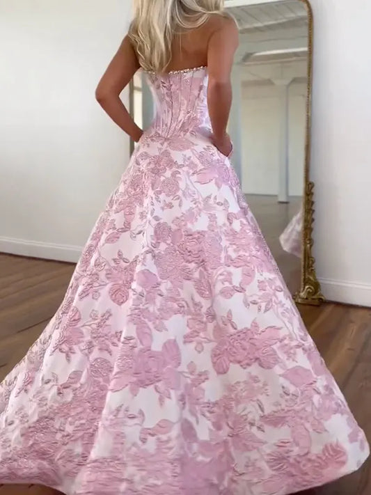 Flower Jacquard Sleeveless Tube Maxi Dresses Fairytale Dress