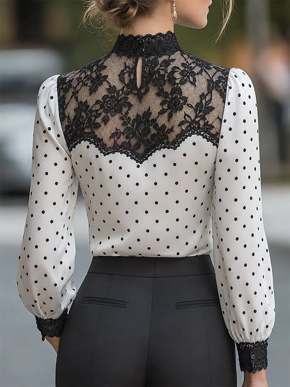 Polka-Dot Satin Lace-Yoke Long-Sleeve Blouse