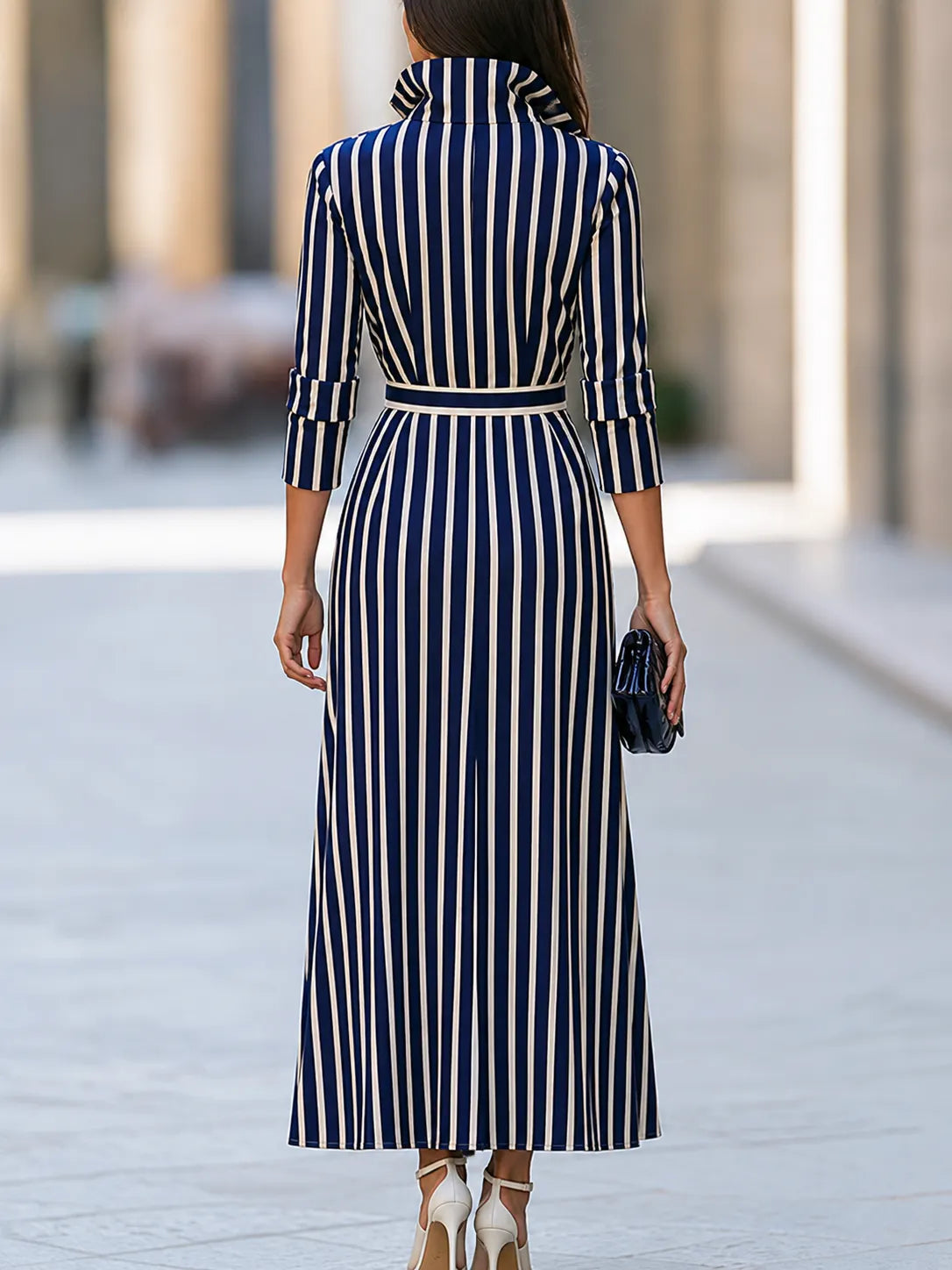 Striped Collared Belted Maxi Dress