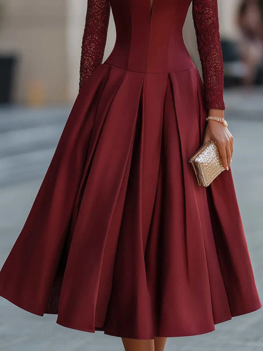 Bateau Neckline Satin Lace Sleeve Midi Dress