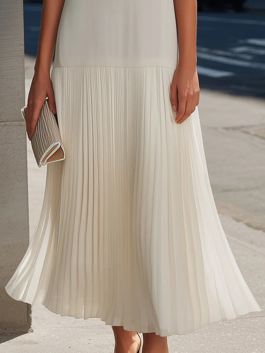 Collared V-neck Pleated Hem Sleeveless Maxi Dress