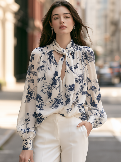 Floral Tie-Neck Balloon-Sleeve Blouse
