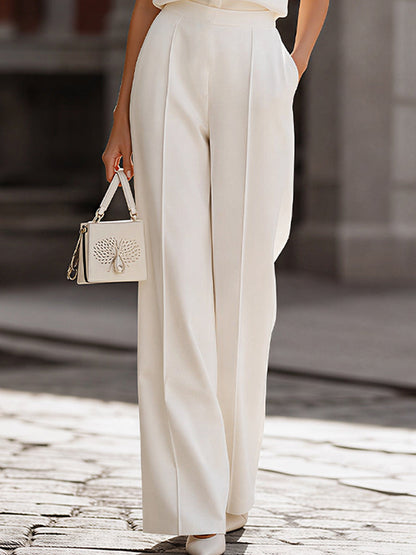 Stand-Collar Sleeveless Blouse & High-Waisted Wide-Leg Trousers Two-Piece Suit