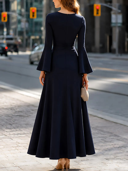 Floral Pleated Slit Bell-Sleeve Maxi Dress