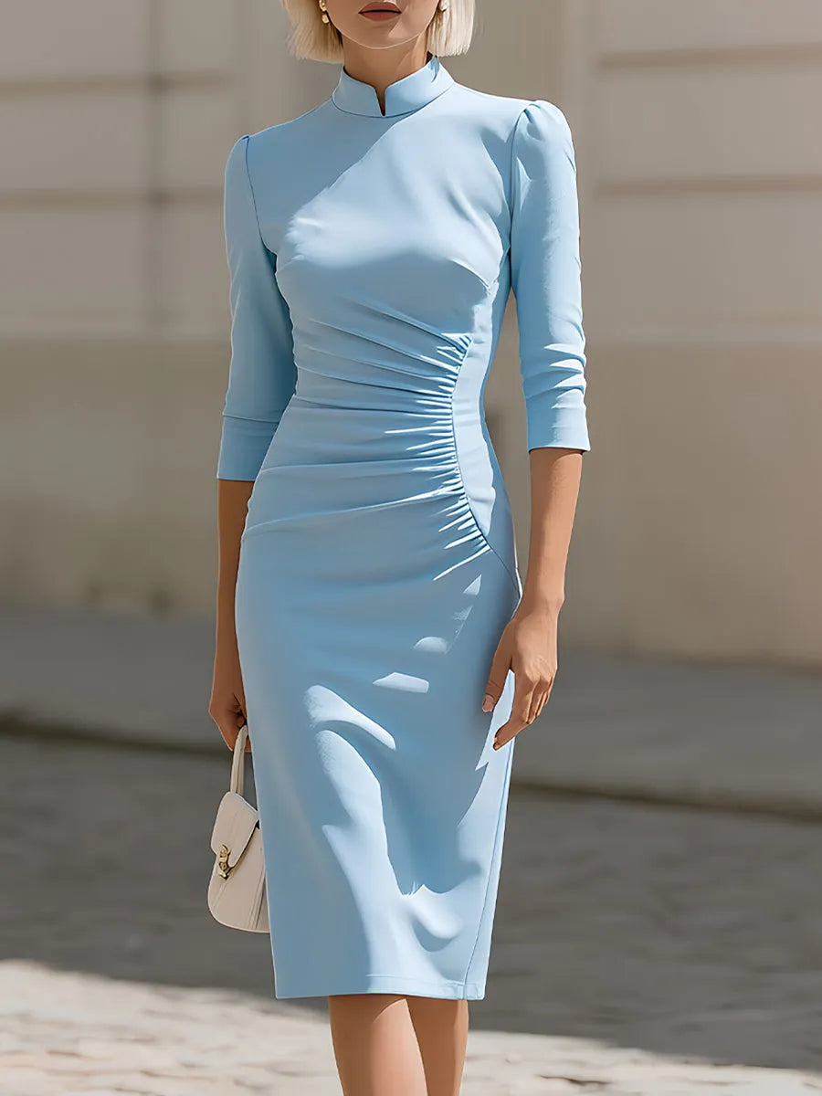 Mandarin Collar 3/4 Sleeve Side Ruched Bodycon Midi Dress